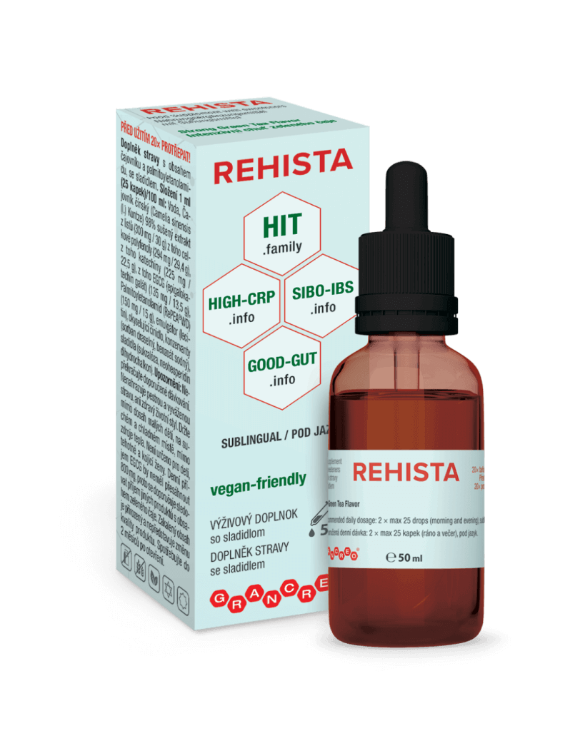 REHISTA kvapky sú moderný produkt určený na rýchlu úľavu od akútnych príznakov pri HIT. Ide najmä o tráviace ťažkosti, brušné kŕče, žalúdočná ťažoba. Ale aj bolesti hlavy, búšenie srdca či kožné začervenanie.